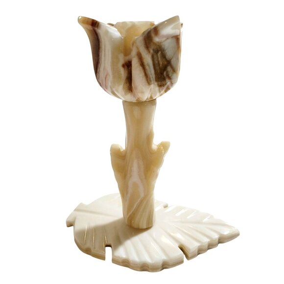 Vintage Beige and Brown Onyx Tulip Flower Candlestick Holder with Leaf Base - Picture 1 of 10